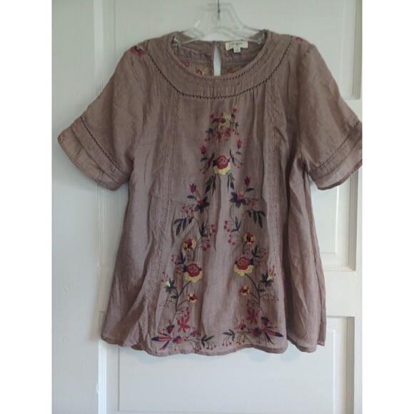 Umgee floral embroidered boho blouse S mocha brown lace trim peasant hippie - Picture 2 of 10
